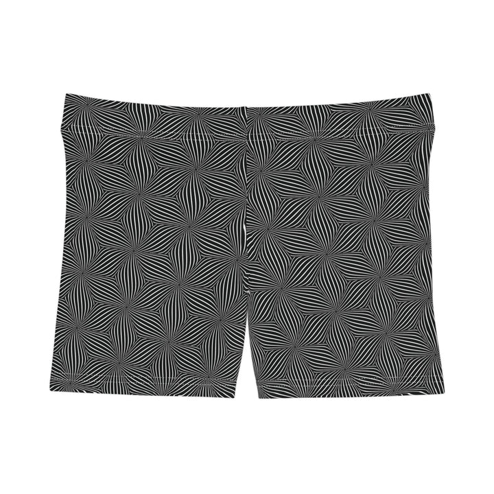 Flat front layout of Warpwave psychedelic shorts – smooth and sleek geometric energy print.