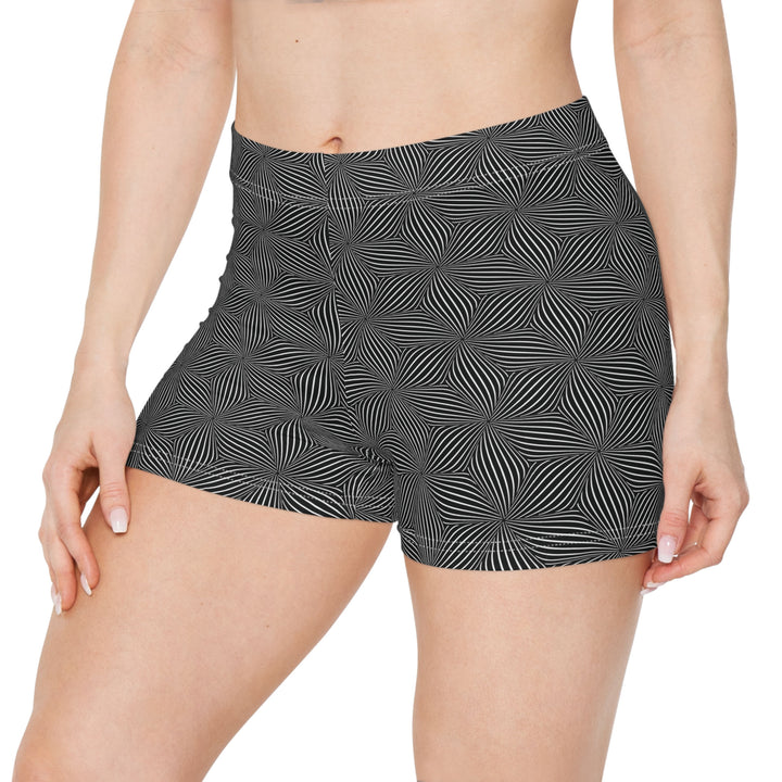 Close-up front detail of Warpwave shorts leggings – trippy wave-inspired pattern with sacred energy.
