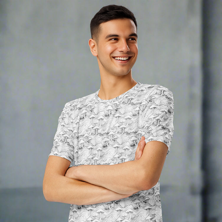 Model wearing mushforest geometry t-shirt – vibrant psychedelic art for rave and EDM festival looks