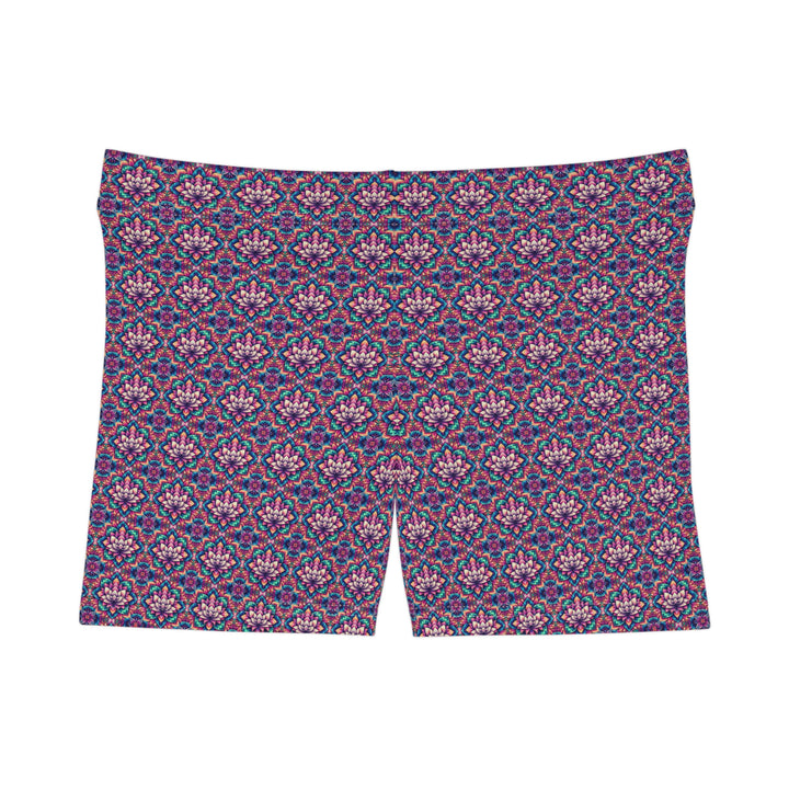 Flat front layout of IllusionLotus psychedelic shorts leggings – sleek design with vibrant lotus print.