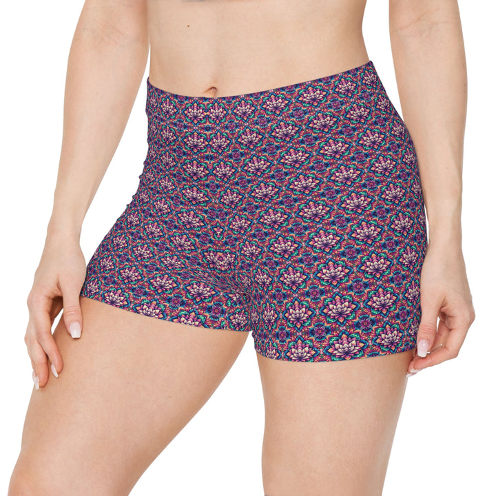 Close-up front detail of IllusionLotus shorts leggings – intricate psychedelic lotus pattern for bold cosmic style.
