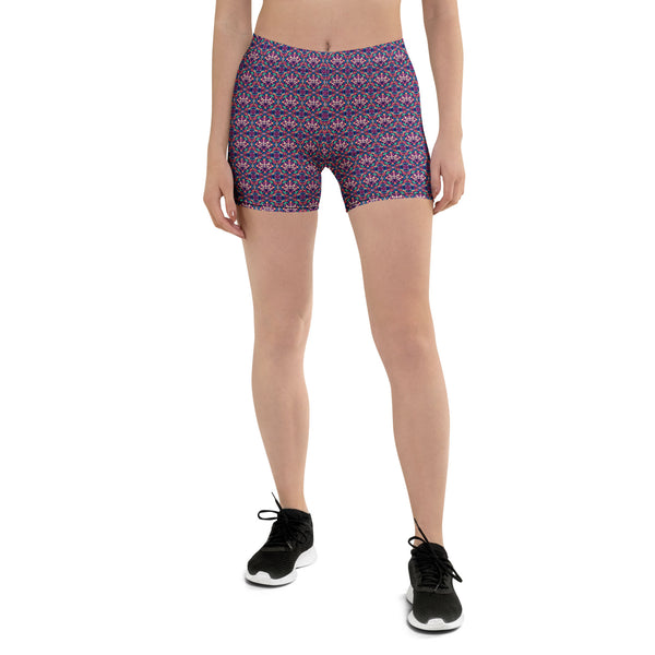 Front view of IllusionLotus psychedelic shorts leggings – mesmerizing lotus-inspired visionary activewear for festivals and yoga.