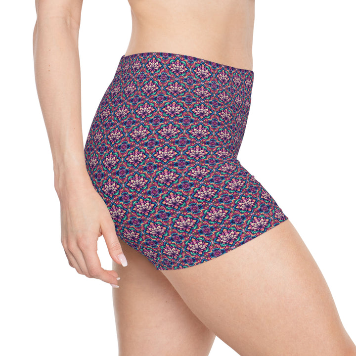 Right side view of IllusionLotus shorts leggings – vibrant lotus design with comfort and flexibility.