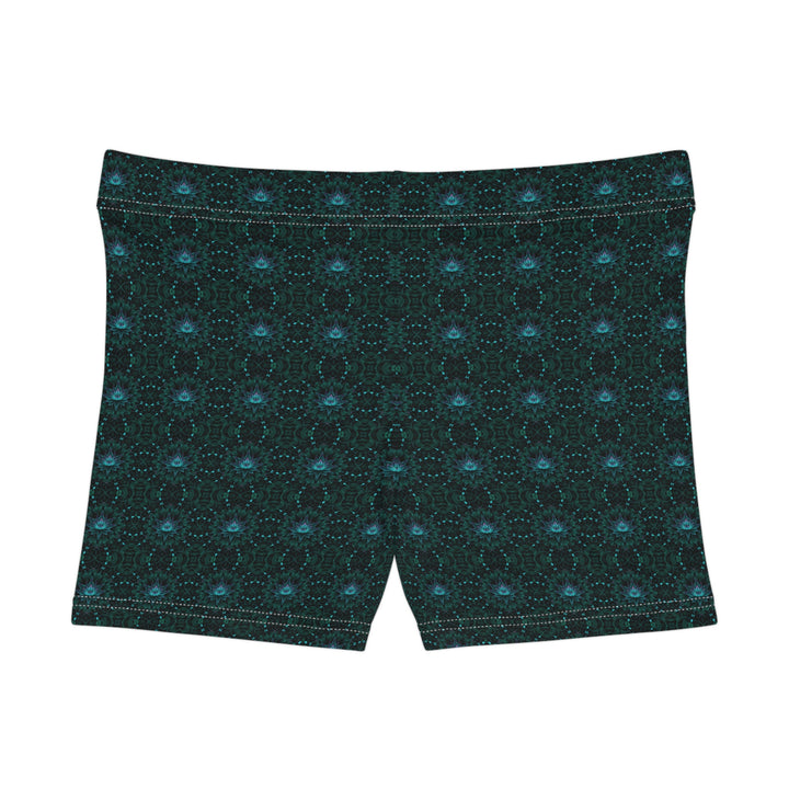 Flat back layout of GeoLotus shorts leggings – clean lotus psychedelic pattern for expressive wear.
