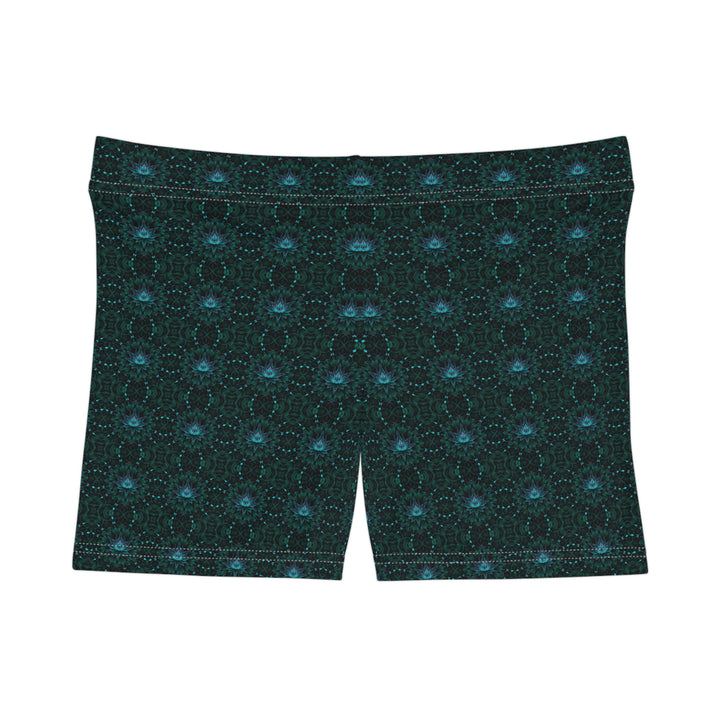 Flat front layout of GeoLotus psychedelic shorts leggings – sleek design with vibrant lotus print.