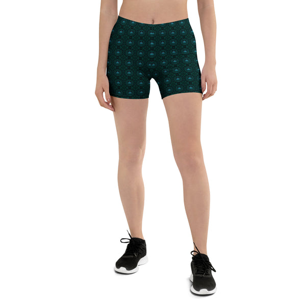 Front view of GeoLotus psychedelic shorts leggings – lotus-inspired visionary activewear for festivals and yoga.