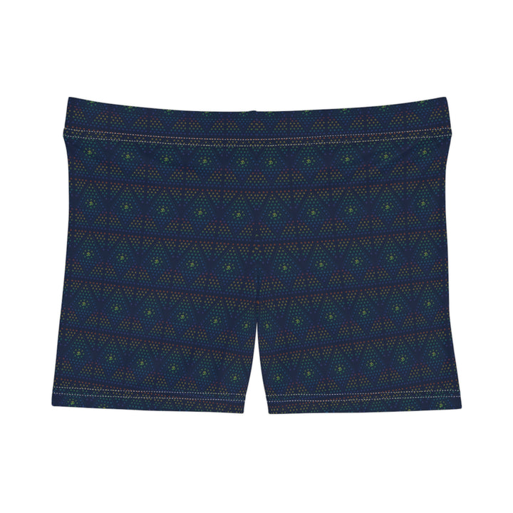 Flat front layout of GeOm psychedelic shorts – sleek design with cosmic geometric print.