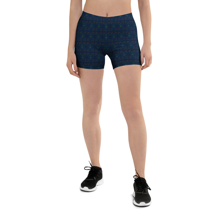 Front view of GeOm psychedelic shorts leggings – sacred geometry pattern for active visionary style.