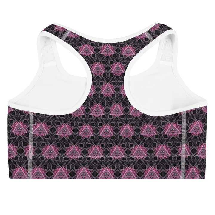 Flat back view of white-trim Eyora bra – ideal for festivals, yoga, and visionary wear