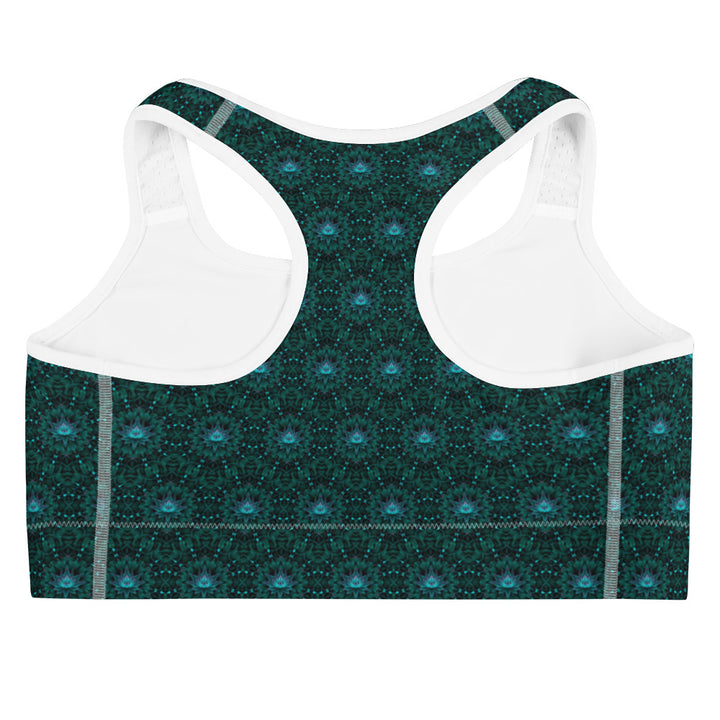 Flat back view of white-trim Geolotus bra – ideal for festivals, yoga, and visionary wear