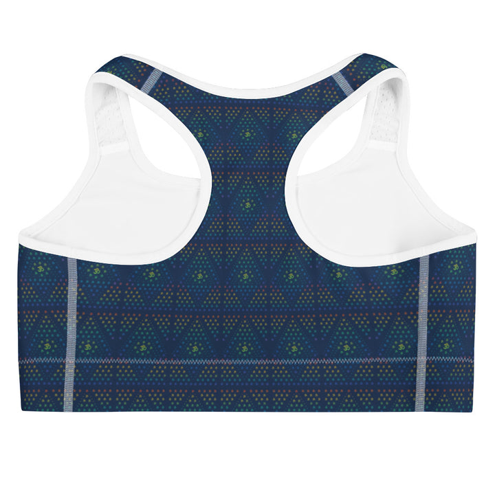 Flat back view of white-trim GeOm bra – ideal for festivals, yoga, and visionary wear