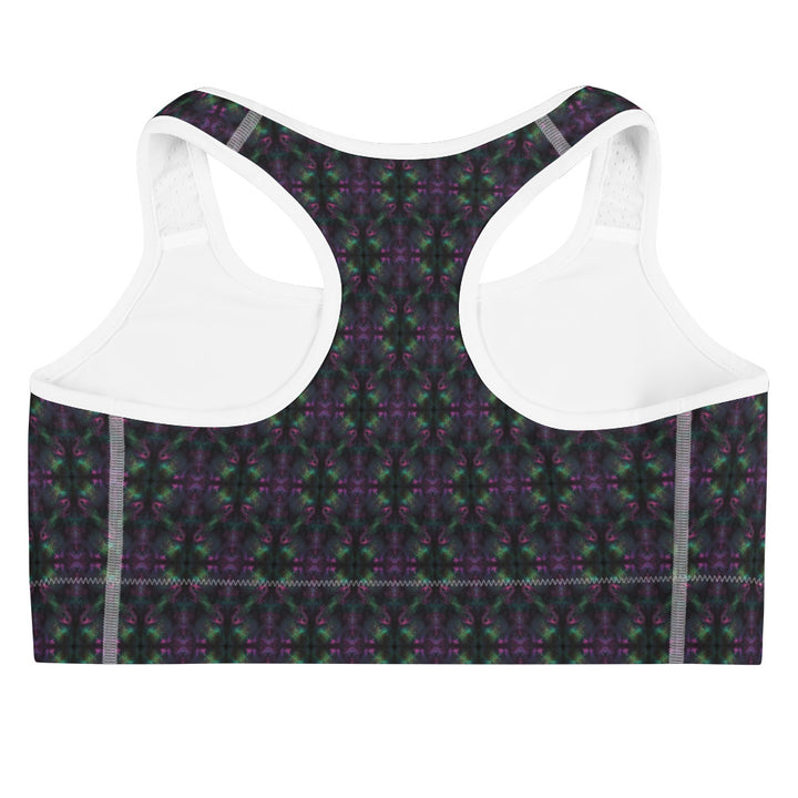 Flat back view of white-trim Nebulith bra – ideal for festivals, yoga, and visionary wear