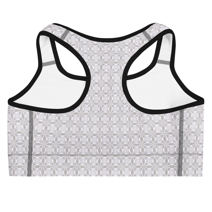 Flat back view of white-trim Netra bra – ideal for festivals, yoga, and visionary wear