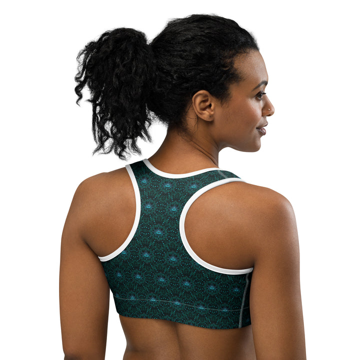 White-trim version of Geolotus bra – back view showing sacred pattern and sleek fit