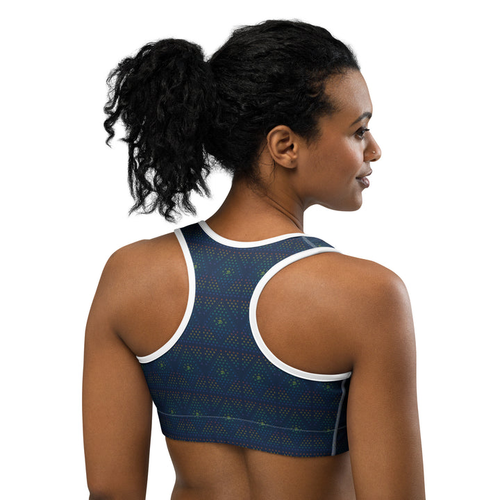 White-trim version of GeOm bra – back view showing sacred pattern and sleek fit