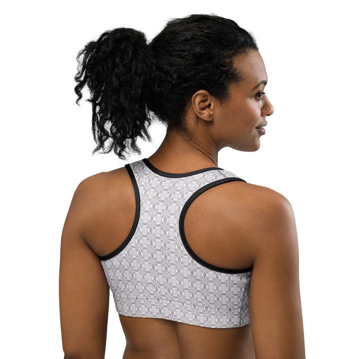 White-trim version of Netra bra – back view showing sacred pattern and sleek fit