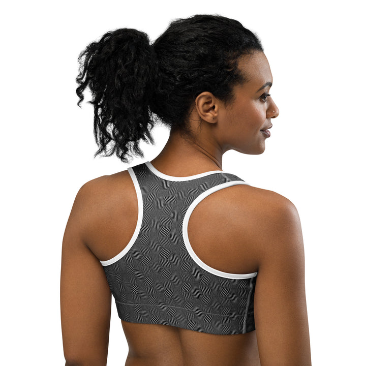 White-trim version of Warpwave bra – back view showing sacred pattern and sleek fit