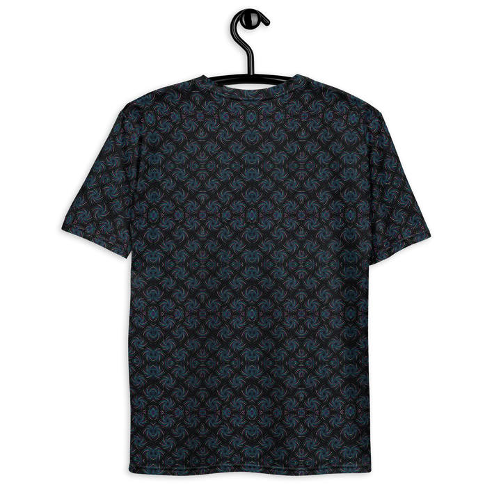 Back hanging view of black-blue Dotadelic tee – psychedelic fractal art perfect for visionary streetwear.