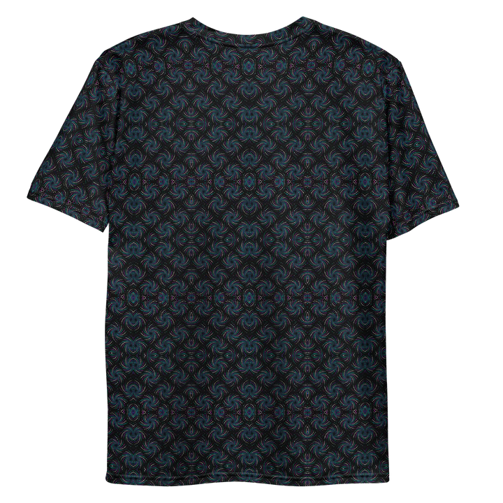 Flat back view of black-blue Dotadelic t-shirt – psychedelic fractal design for rave and music festival fans.