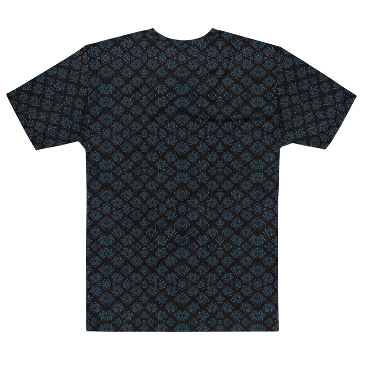 Alternate back flat of black-blue Dotadelic t-shirt – visionary fractal patterns for psychedelic festival fashion.