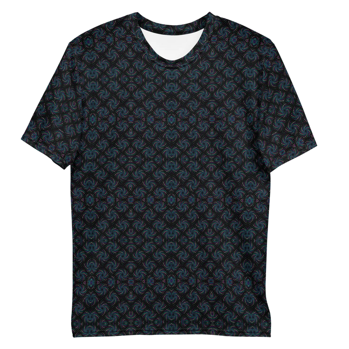 Flat lay front of black and blue Dotadelic tee – sacred geometry for visionary festival wardrobes.