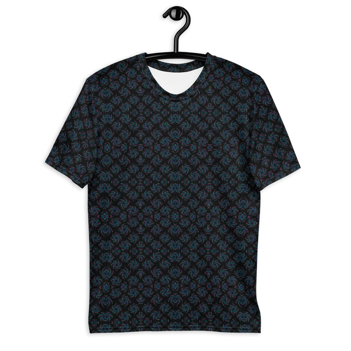 Front view of black and blue Dotadelic psychedelic t-shirt – sacred geometry design for festival and rave culture.