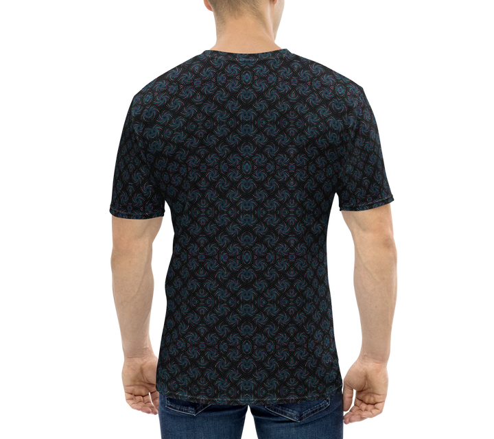 Back view of model in black-blue Dotadelic tee – psychedelic sacred geometry for rave outfits.