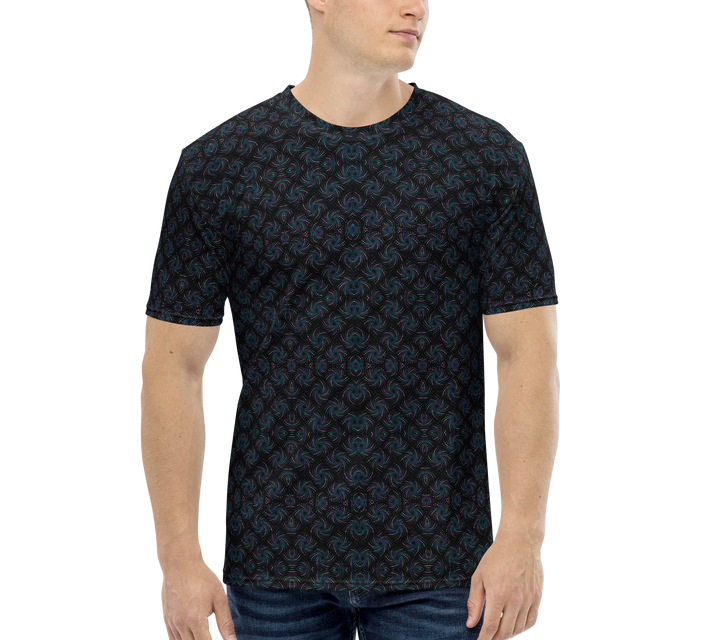 Model wearing black and blue Dotadelic t-shirt – fractal geometry design for psytrance and festival fashion.