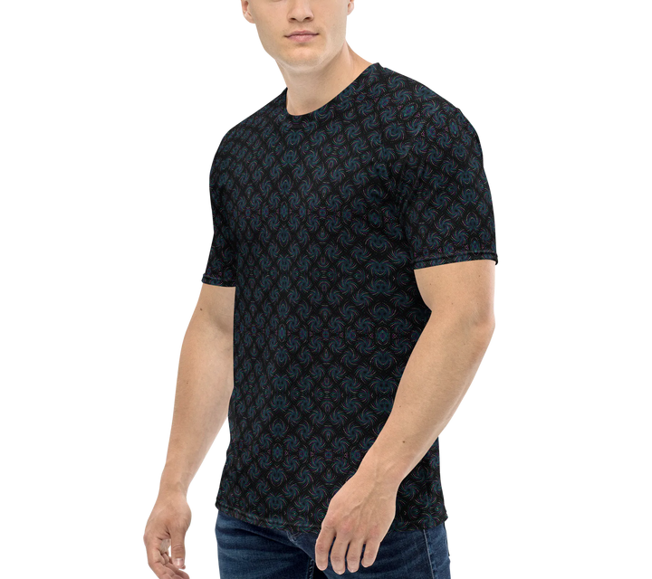 Left side view of black-blue Dotadelic shirt – fractal-inspired psychedelic patterns for EDM and rave lovers.