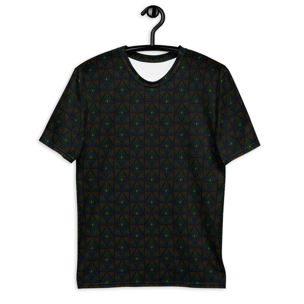 Hanging black t-shirt showing bold sacred geometry front print – for fans of festival clothing and trippy designs.