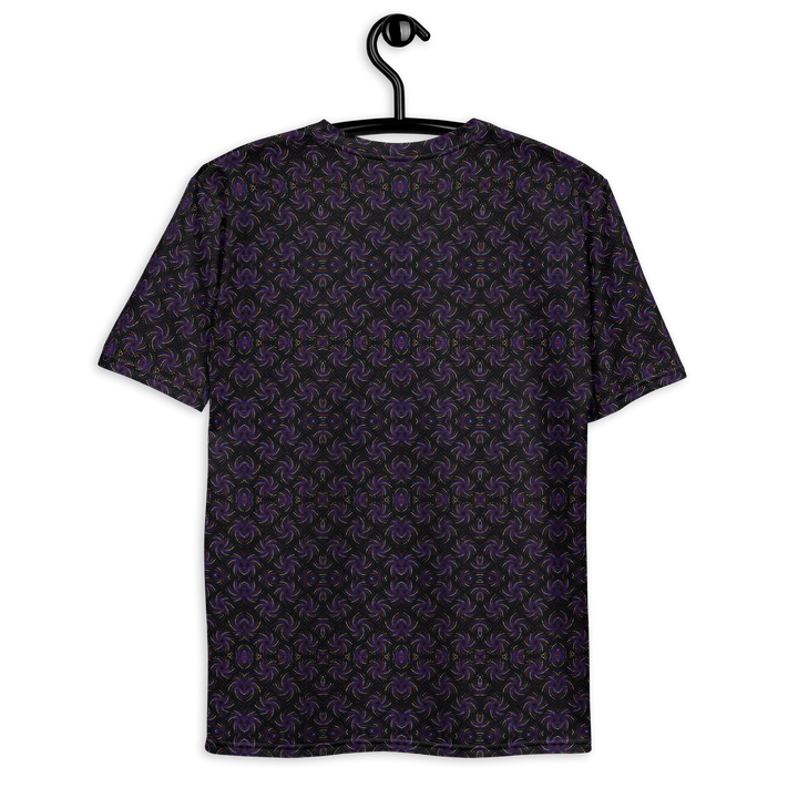 Hanging back shot of black and purple t-shirt with dotadelic-style sacred geometry – ideal for spiritual streetwear and rave fashion.