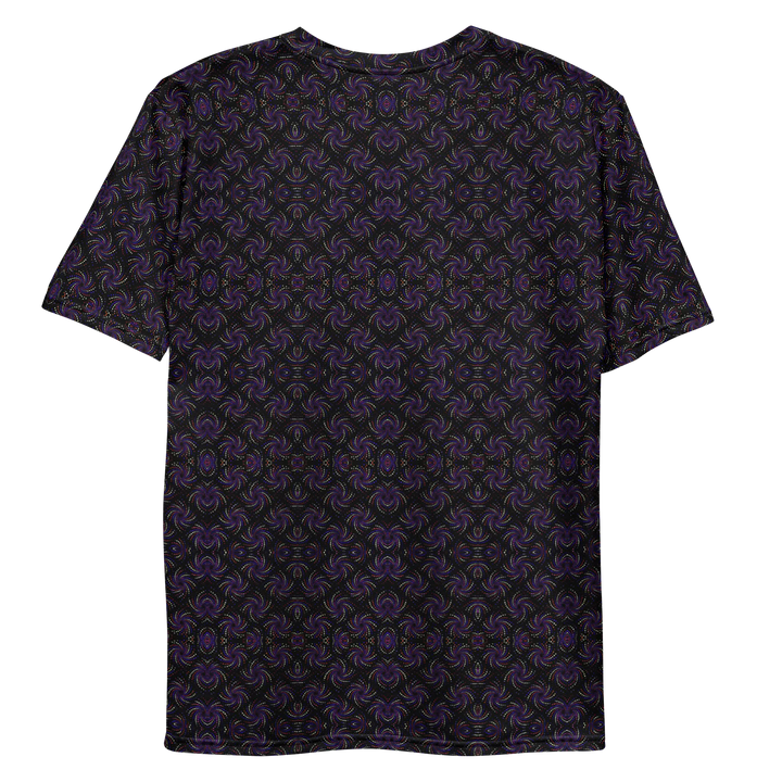 Flat back view of black-purple t-shirt featuring dotadelic-style sacred geometry – ideal for boho streetwear and alternative clothing.