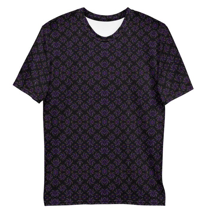Flat lay of black and purple Dotadelic t-shirt – trippy sacred geometry art printed all-over, perfect for visionary fashion lovers.