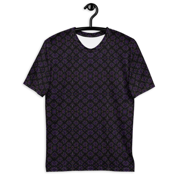 Front view of black and purple psychedelic t-shirt with dotadelic sacred geometry – perfect for visionary fashion and EDM festival lovers.