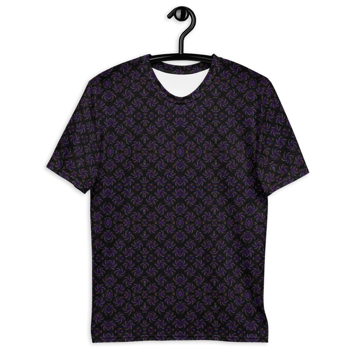 Front view of black and purple psychedelic t-shirt with dotadelic sacred geometry – perfect for visionary fashion and EDM festival lovers.