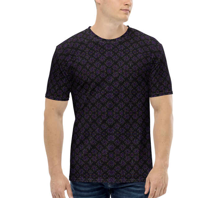 Model wearing Dotadelic black and purple t-shirt with geometric psychedelic design – a top pick for Burning Man, psytrance events, and art lovers.