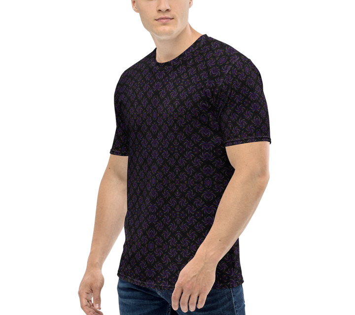 Left angle of Dotadelic sacred geometry shirt in black and purple – a bold choice for psychedelic expression and fashion-forward ravers.