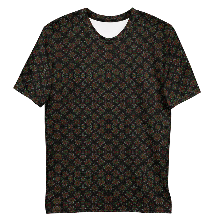 Flat lay front of black-red Dotadelic tee – sacred geometry design for festival wear.