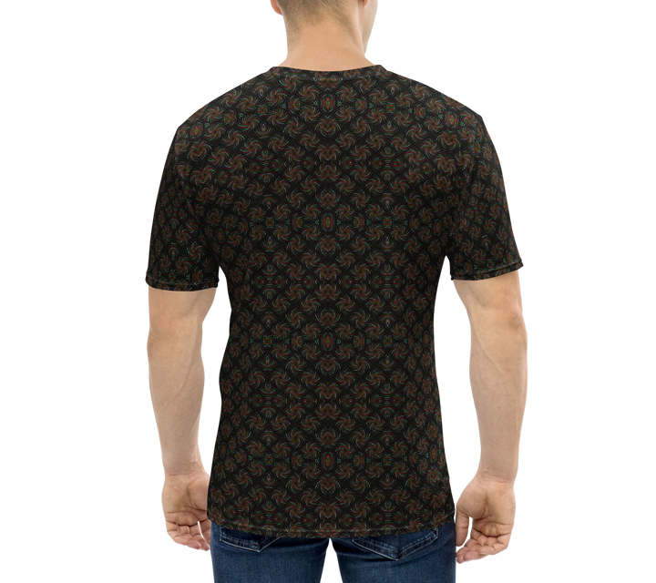 Back view of model in black-red Dotadelic tee – psychedelic sacred geometry for rave fashion.