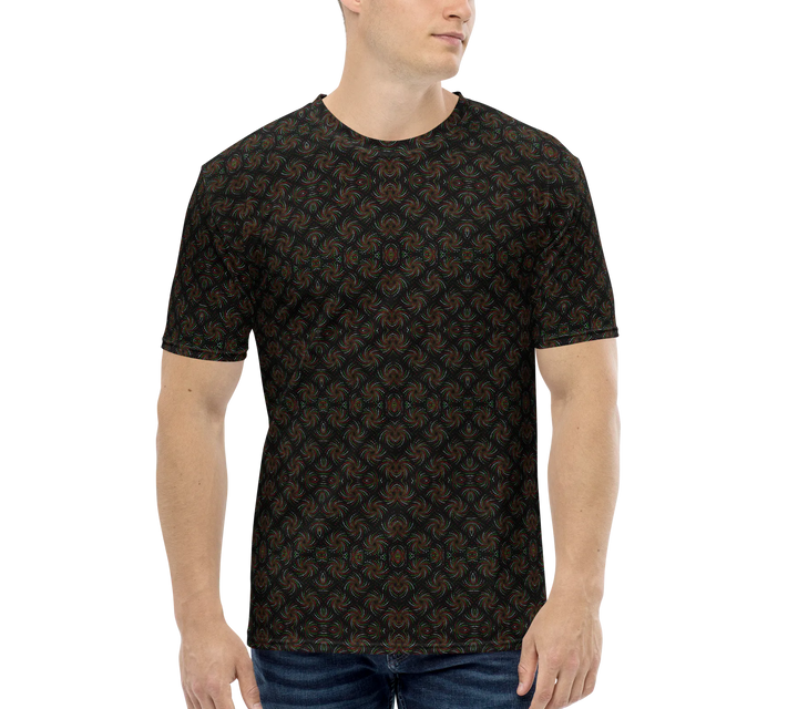 Model wearing black and red Dotadelic shirt – fractal geometry art for electronic music festivals.