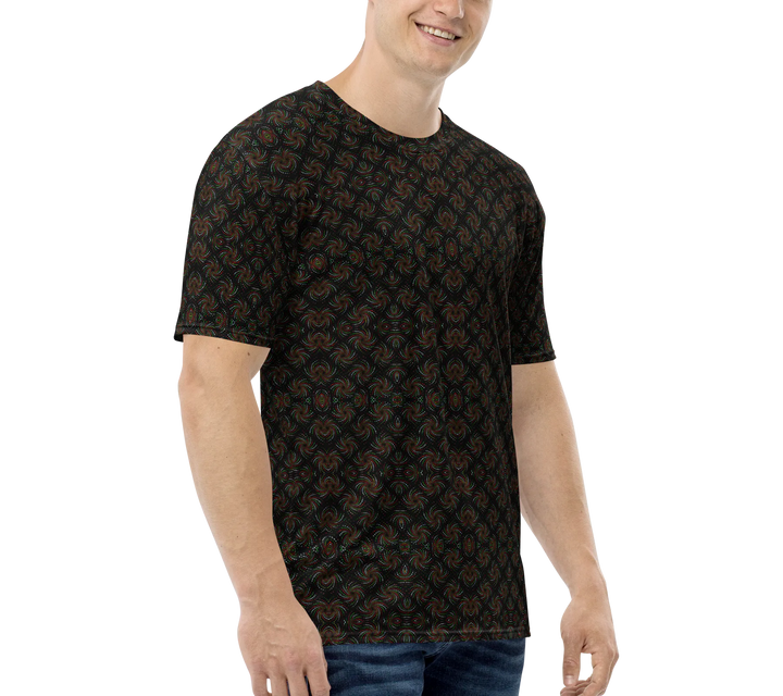 Left profile of black-red Dotadelic shirt – psychedelic fractal patterns for rave and spiritual fashion.