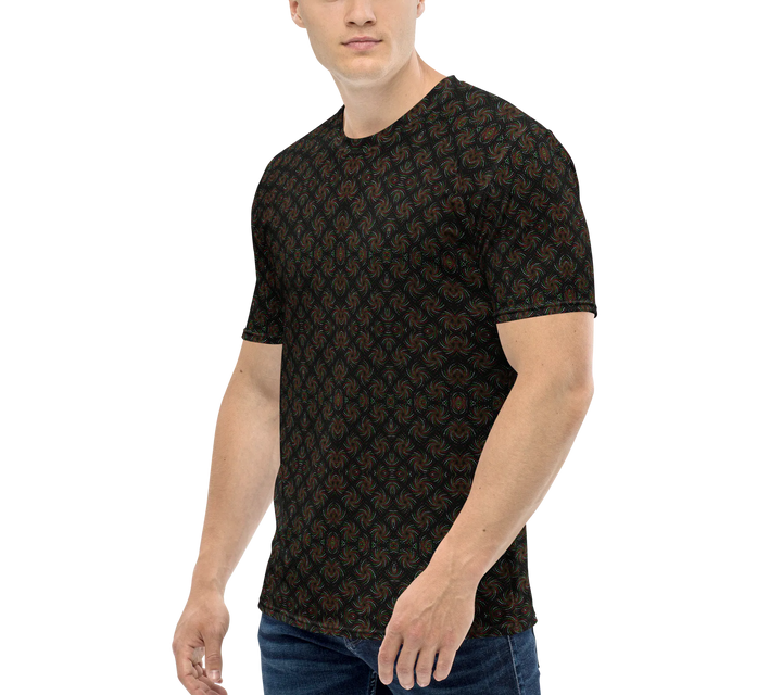 Side view of black and red Dotadelic t-shirt on model – festival and visionary art expression.
