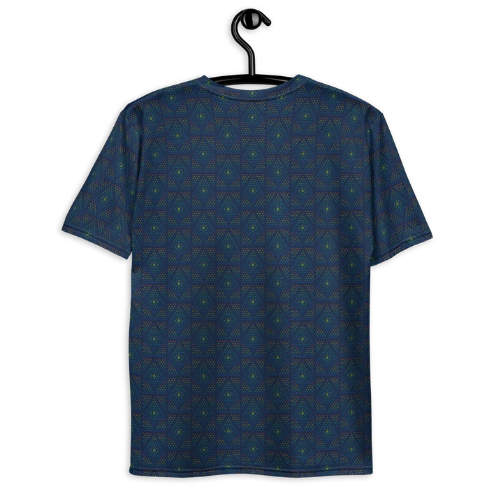 Back view of hanging blue sacred geometry t-shirt – trippy geometric art for rave clothing, spiritual style, and conscious fashion statements.