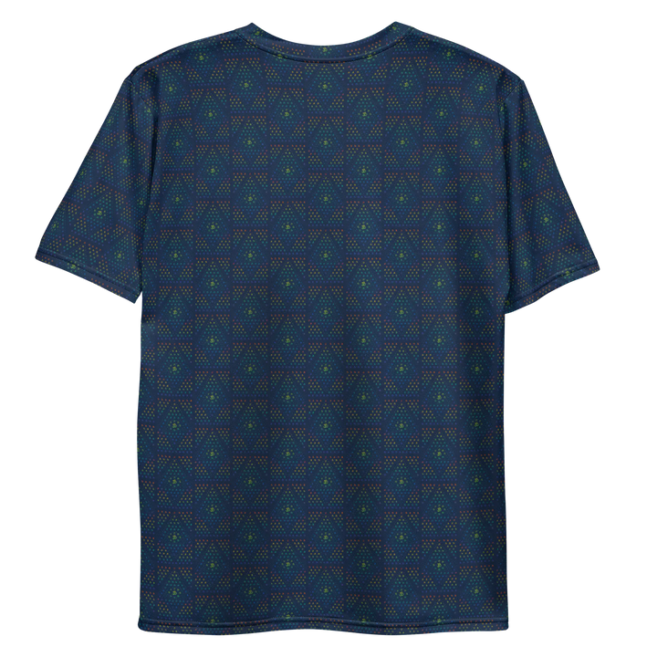 Flat back view of blue sacred geometry t-shirt – fractal-inspired design with OM symbolism for trippy, high-vibe fashion lovers.
