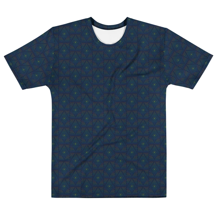 Alternate flat lay of blue geometric festival t-shirt – visionary psychedelic shirt with spiritual pattern, perfect for EDM culture and creatives.
