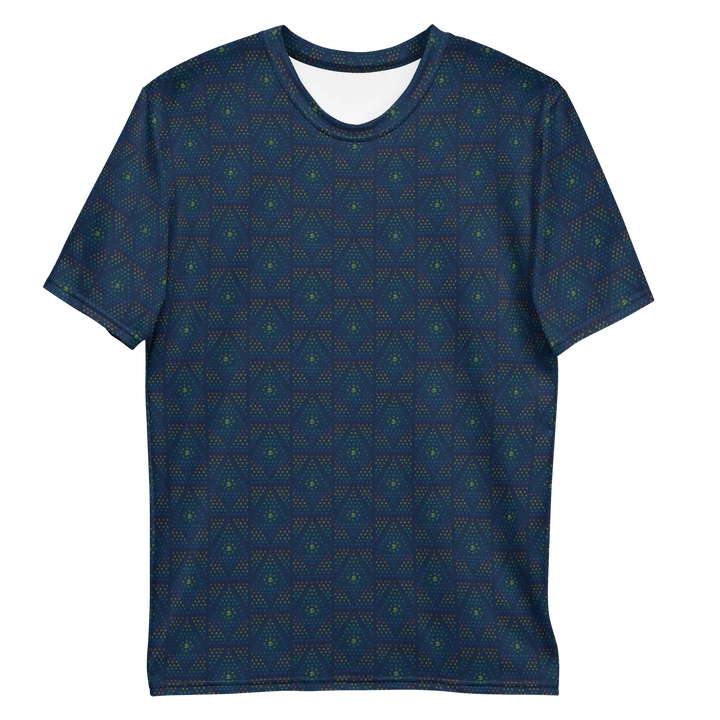 Flat lay of blue psychedelic t-shirt with all-over sacred geometry print – bold visionary design for festival-goers and spiritual explorers.