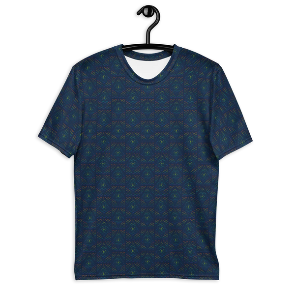 Front view of blue psychedelic t-shirt with sacred geometry – perfect for visionary fashion, festival outfits, and geometric spiritual expression.