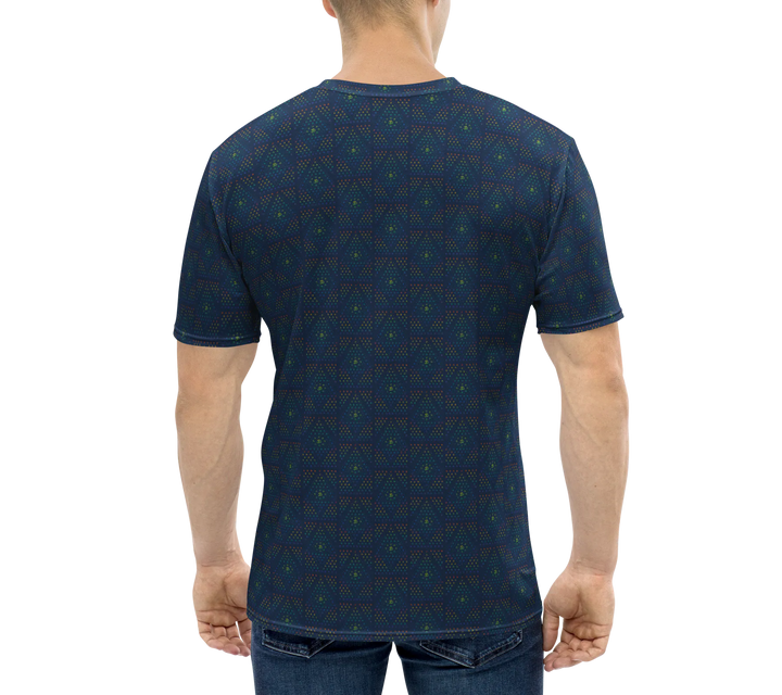 Back view of model in blue visionary t-shirt with OM-inspired sacred geometry – designed for transformational festivals and spiritual fashion scenes.