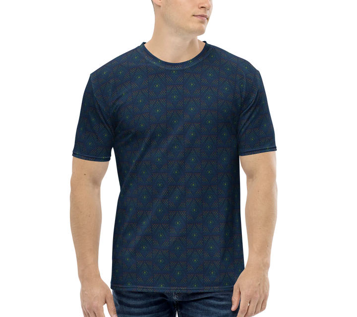 Model wearing blue psychedelic t-shirt with sacred geometric design – ideal for festivals, raves, and artistic streetwear lovers.