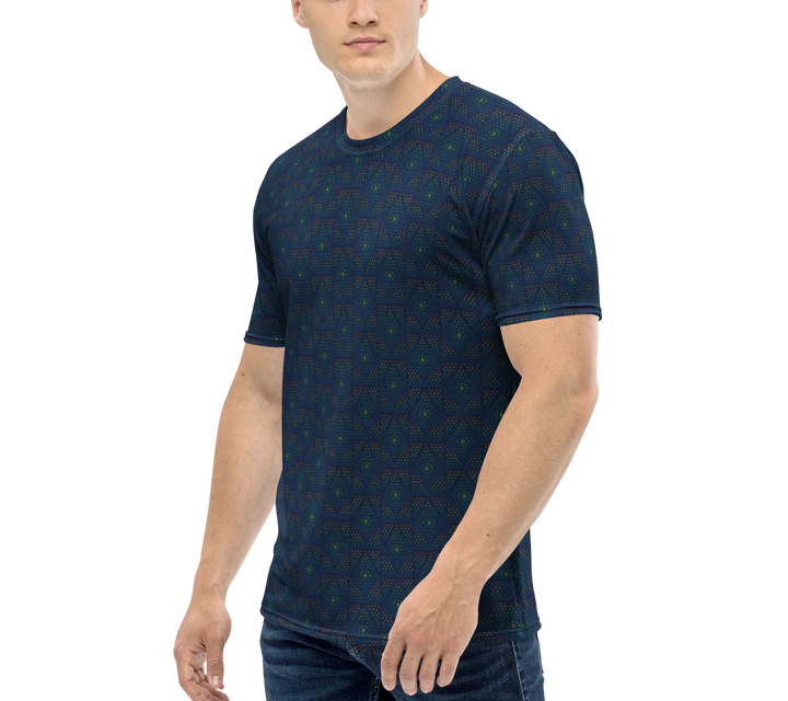 Left-side view of blue sacred geometry t-shirt – OM symbol-inspired visionary art for rave wear, spiritual expression, and creative souls.